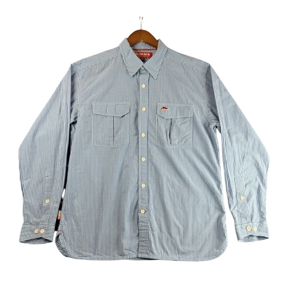 Simms Fishing Shirt Large Blue Gingham Utility Gorpcore Fly Fishing Outdoor